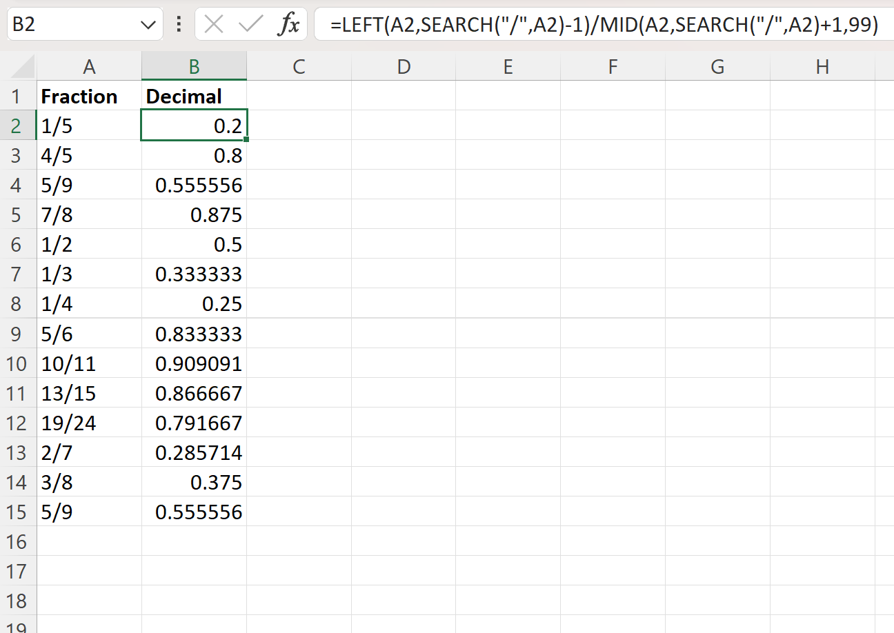 Excel mengonversi pecahan yang sesuai menjadi desimal