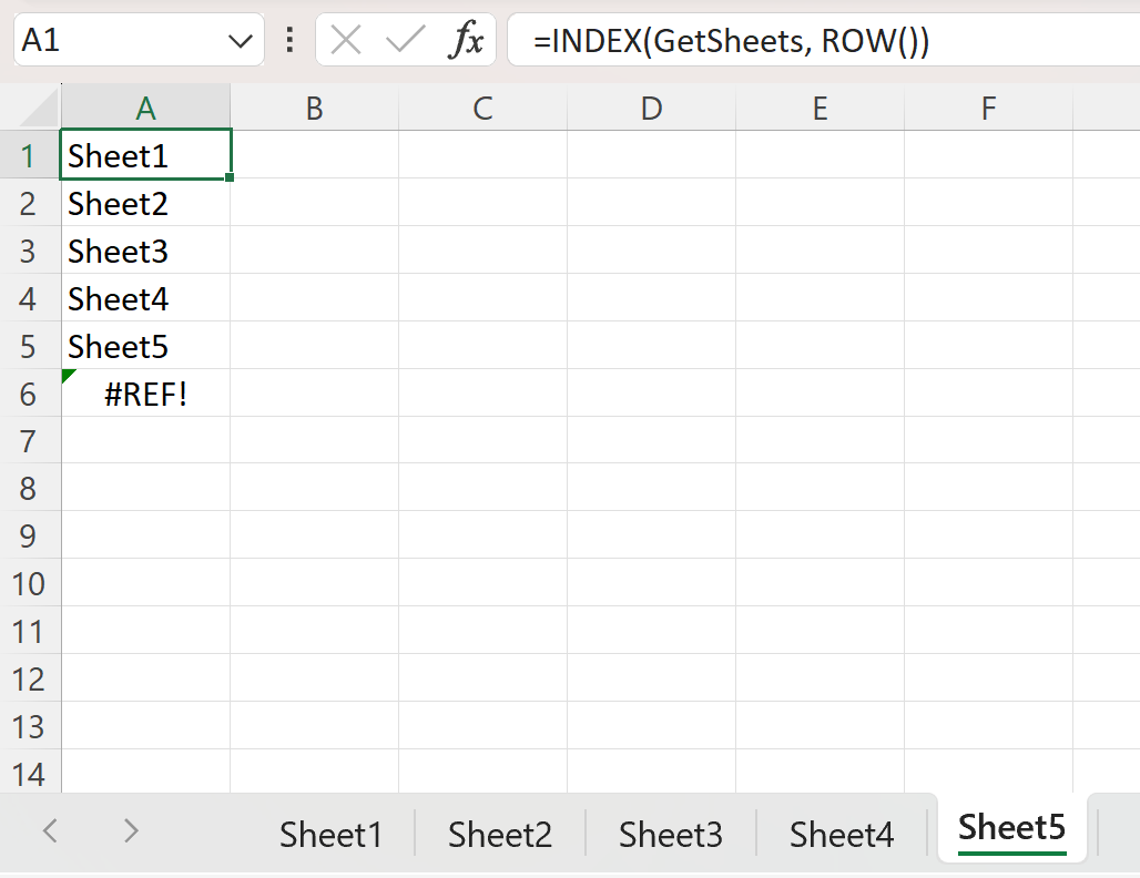 Nomes de planilhas de lista do Excel