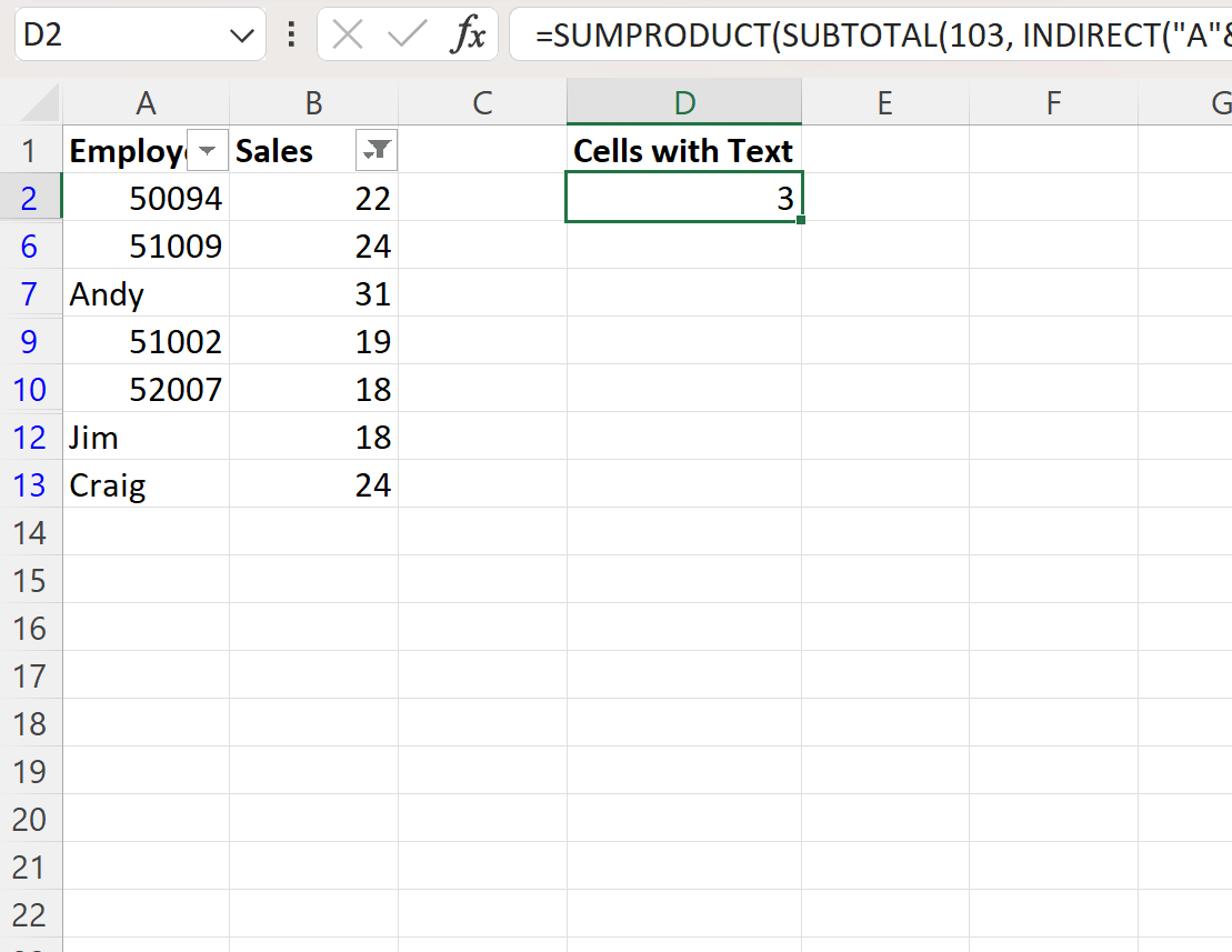Excel conta células filtradas com texto