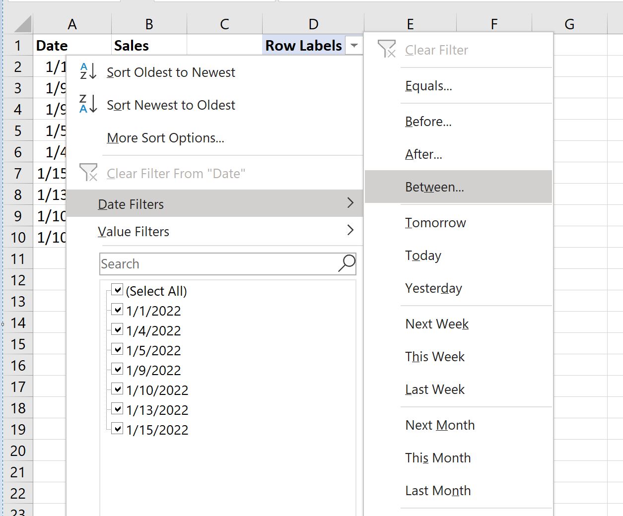 Plage de dates du filtre du tableau croisé dynamique Excel