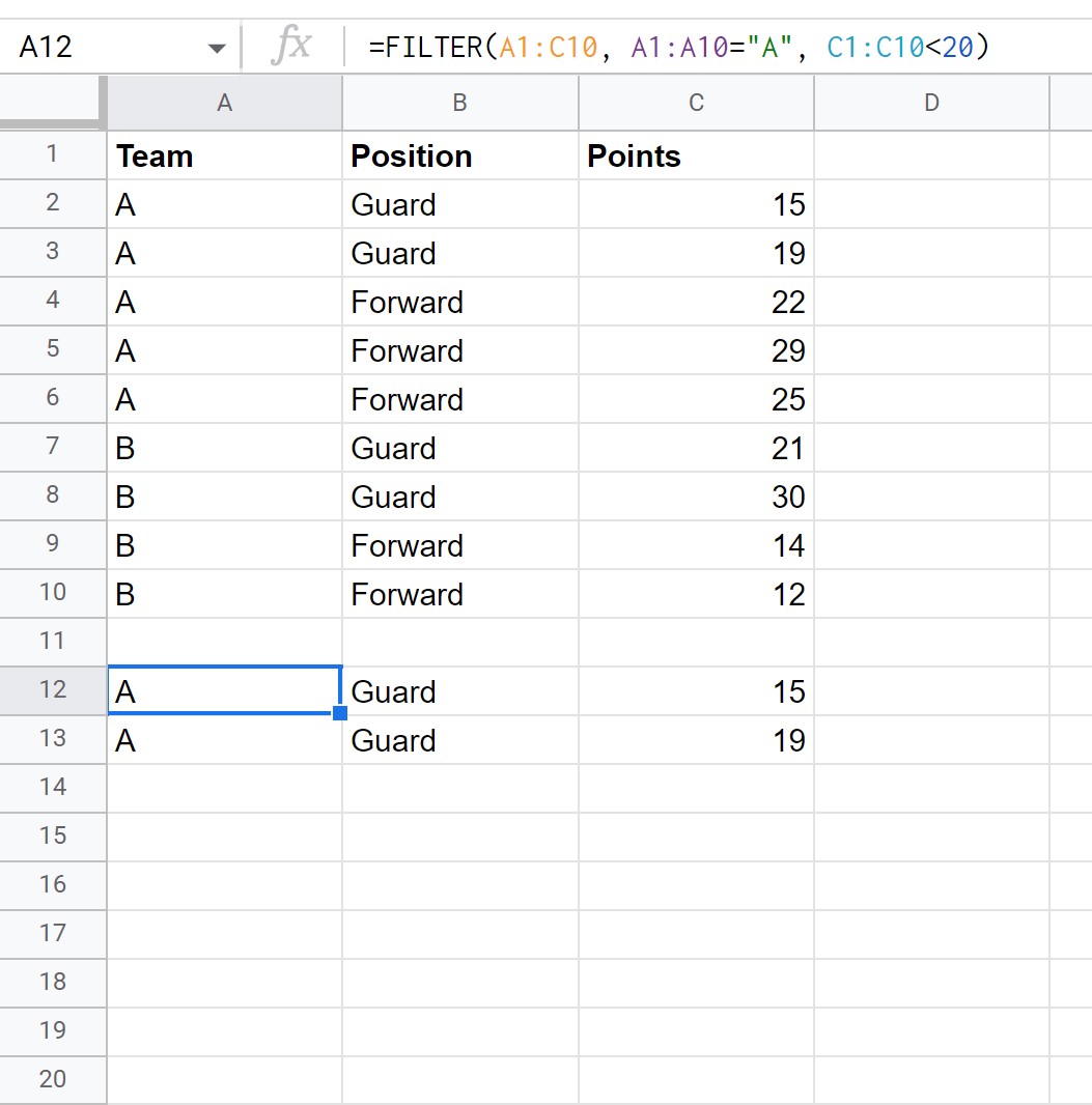 Fonction Google Sheets FILTER avec AND