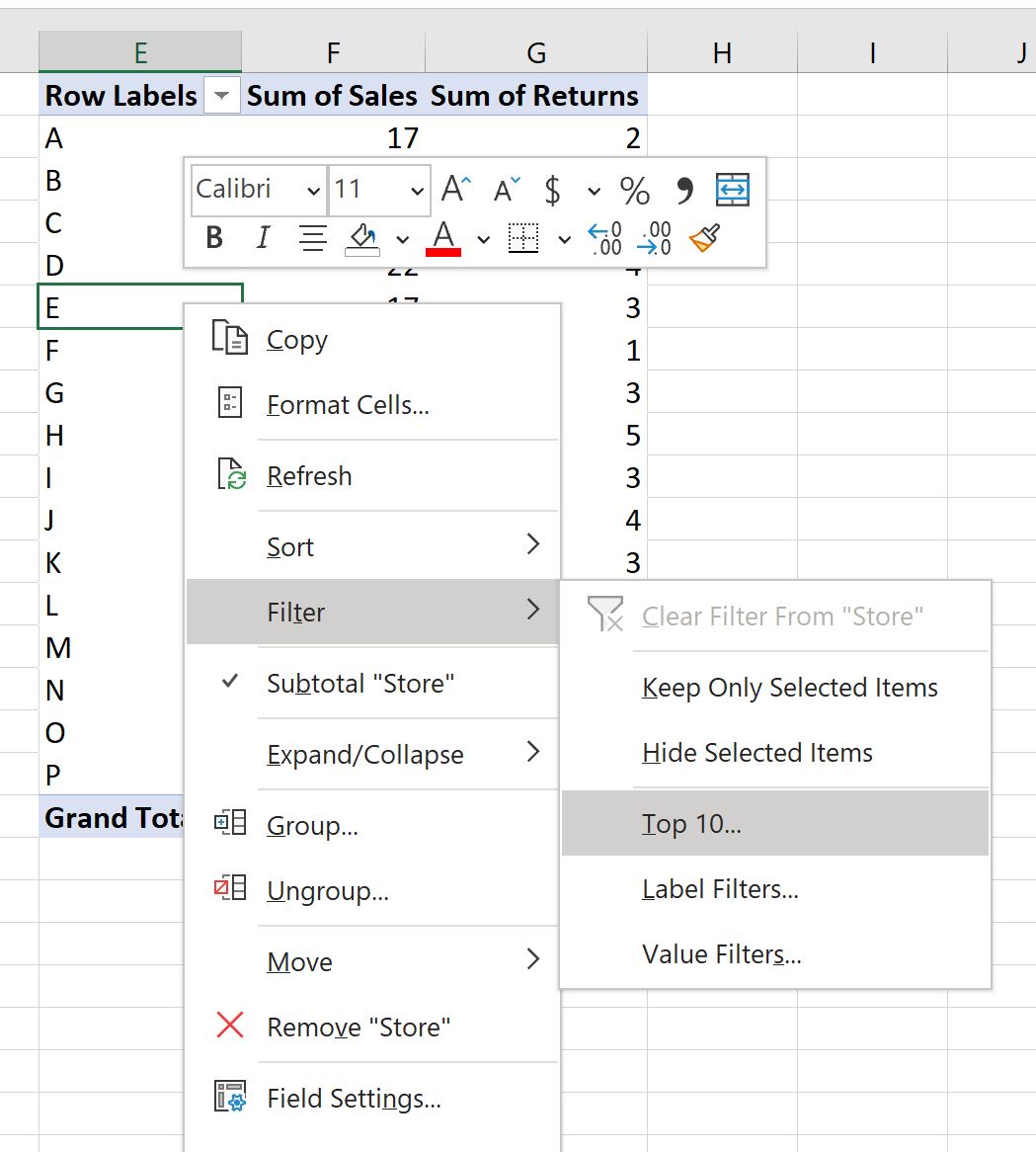 Primi 10 filtri della tabella pivot di Excel