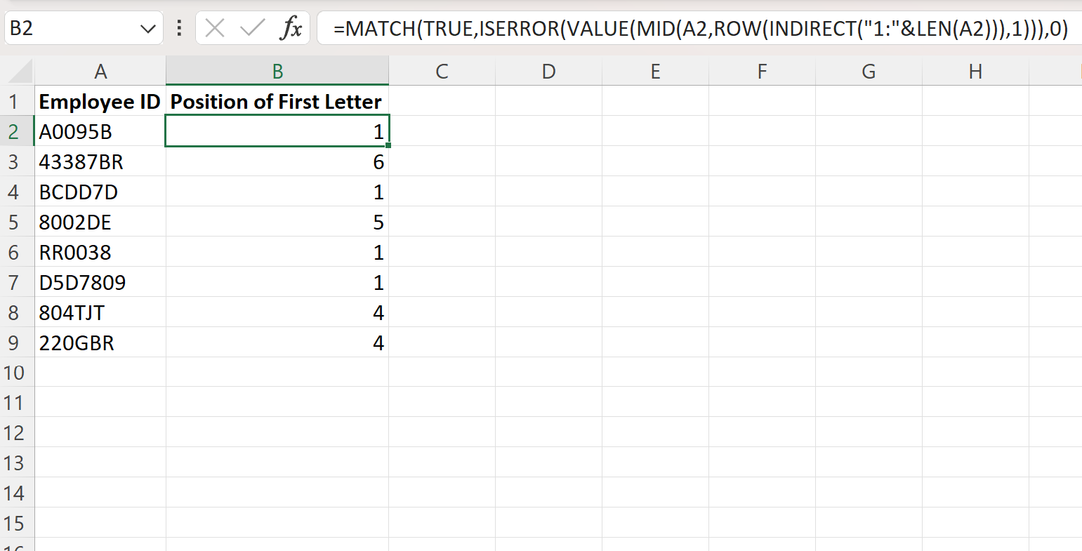 Excel menemukan posisi huruf pertama dari sebuah string