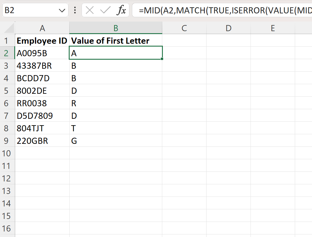 Excel menemukan huruf pertama dari sebuah string