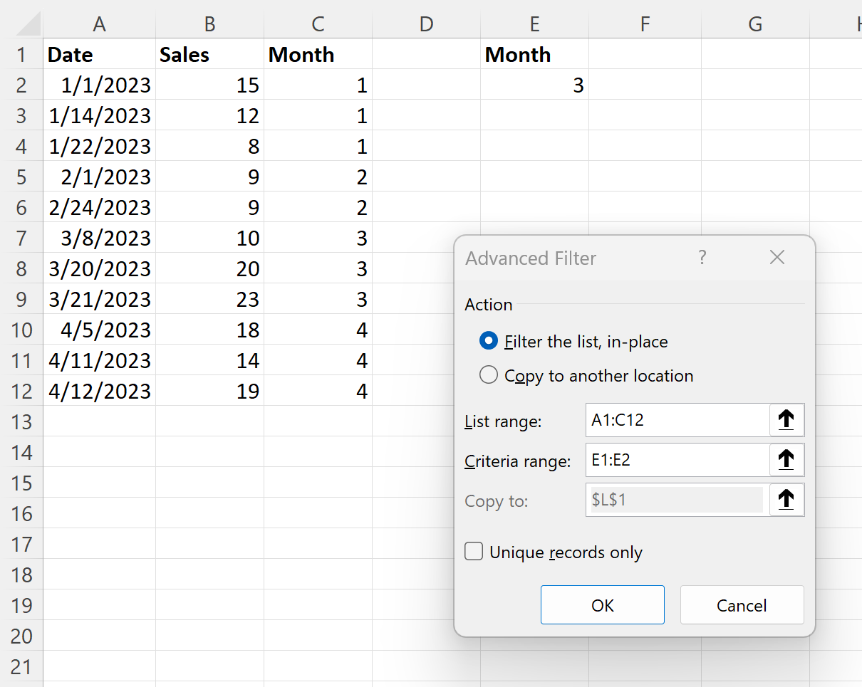 Filtro avançado do Excel por mês