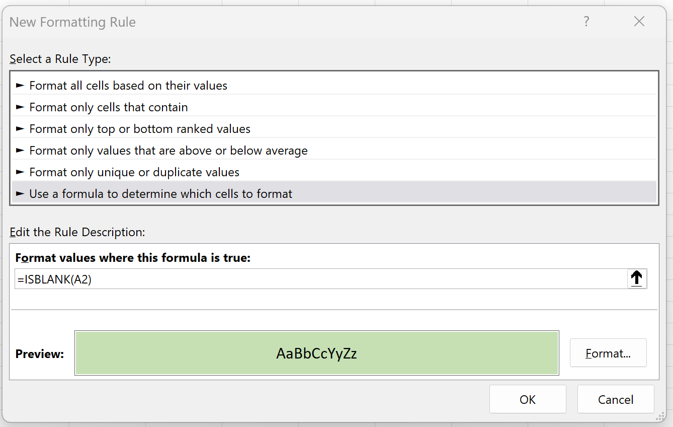 Excel wendet mithilfe der ISBLANK-Funktion eine bedingte Formatierung auf leere Zellen an