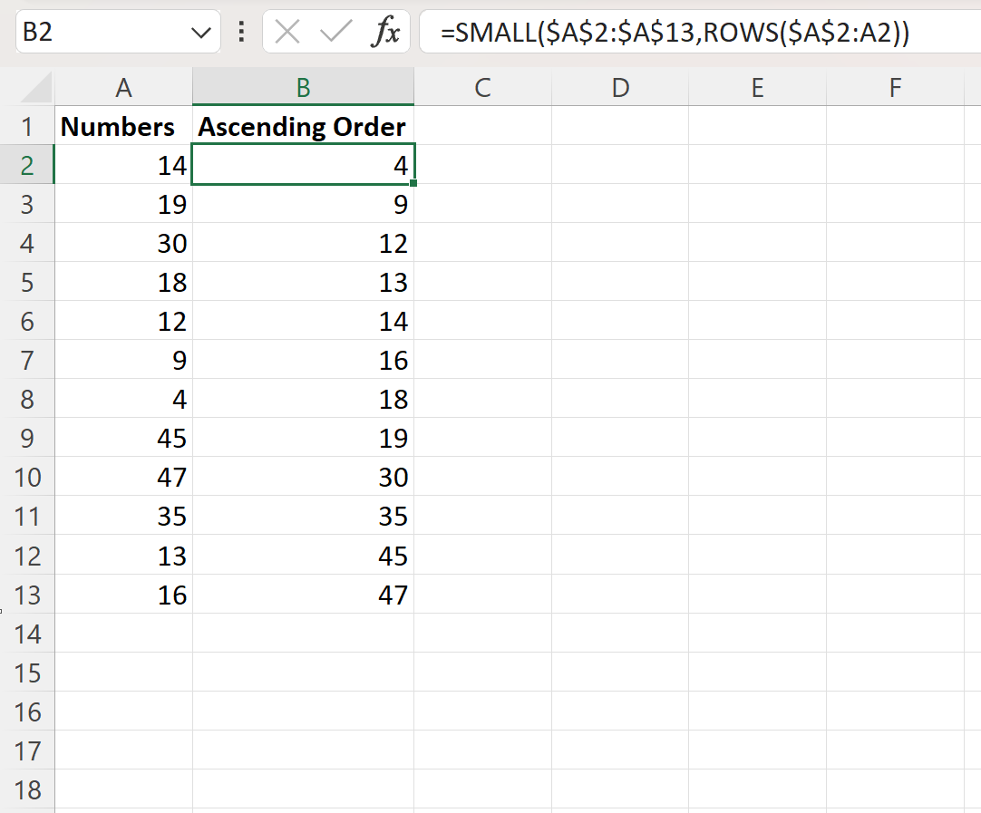 Excel mengurutkan angka dalam urutan menaik menggunakan rumus