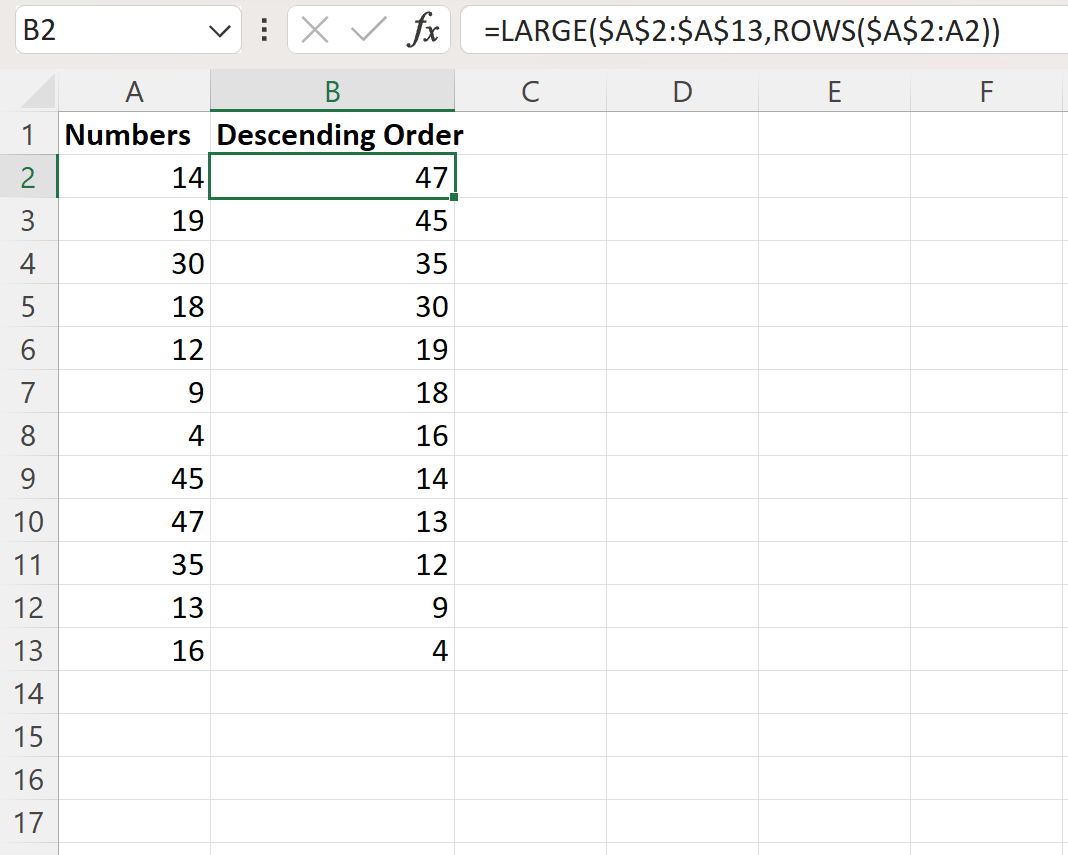 O Excel classifica os números em ordem decrescente usando uma fórmula