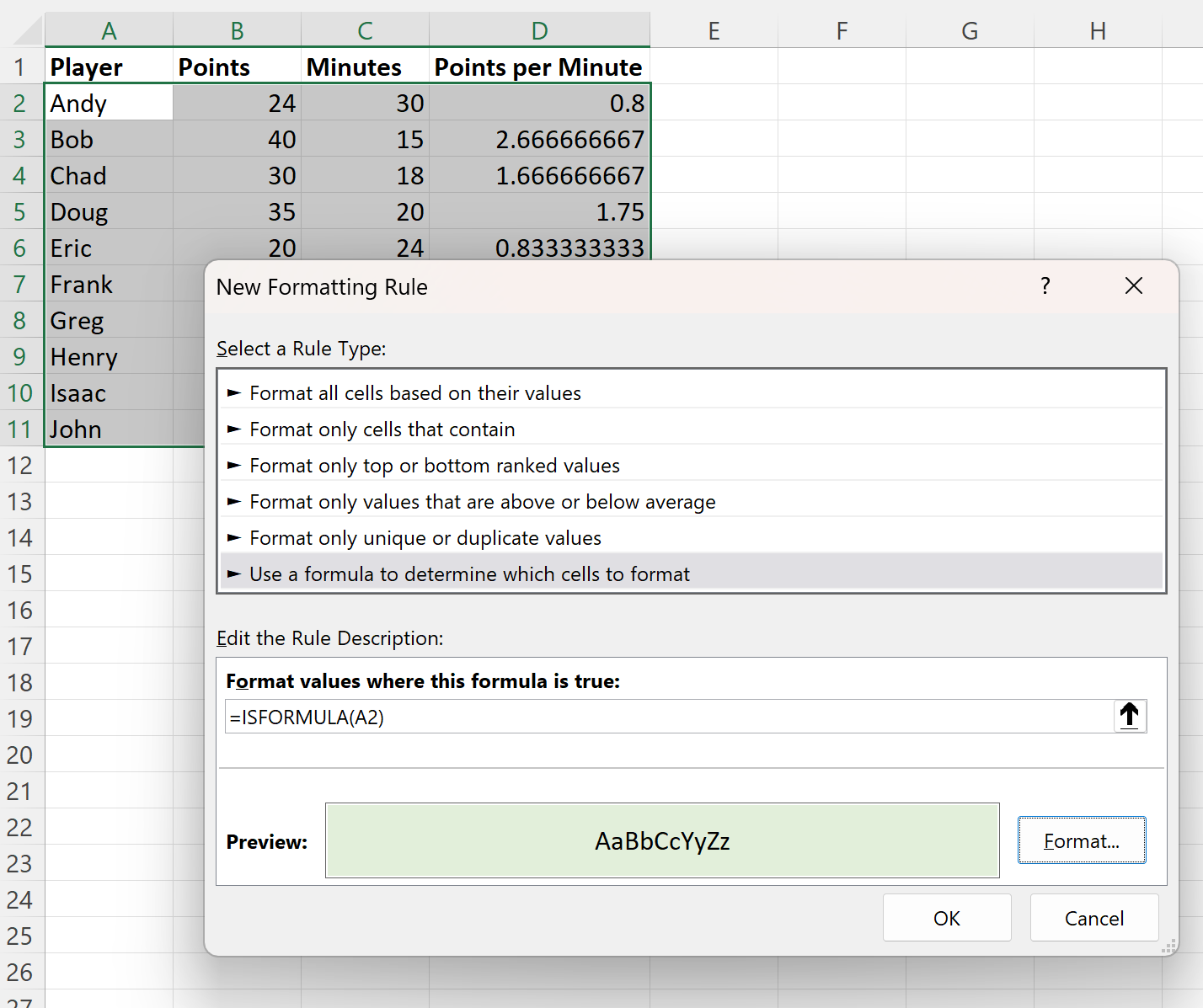 O Excel aplica formatação condicional se a célula contiver uma fórmula
