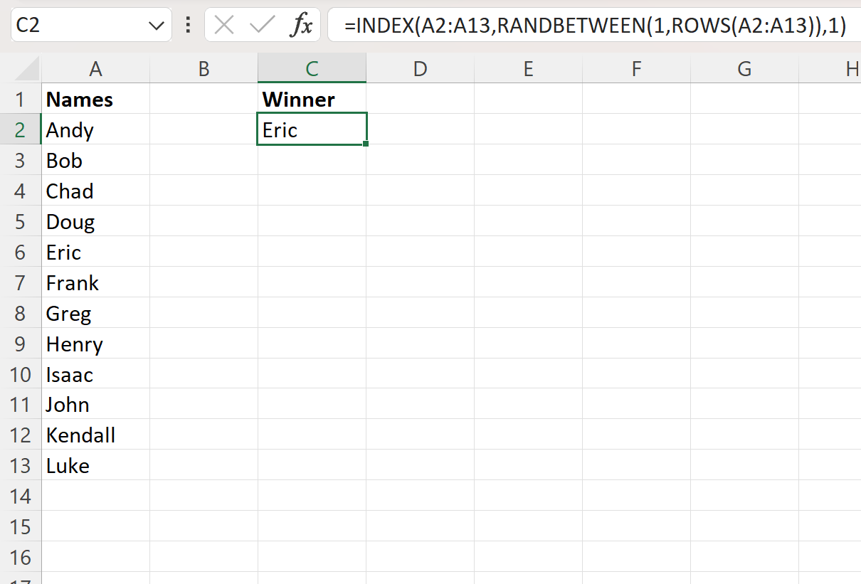 Excelで勝者をランダムに選択する方法