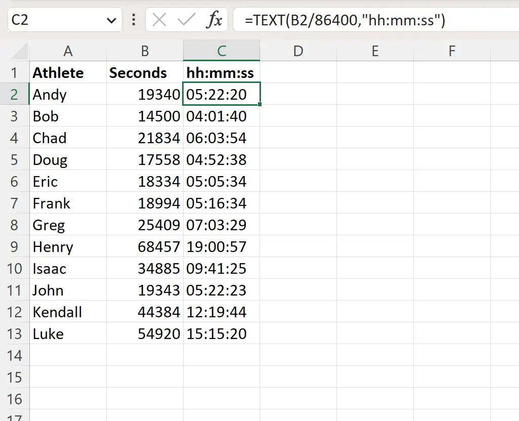 Excel mengonversi detik ke format jj:mm:ss