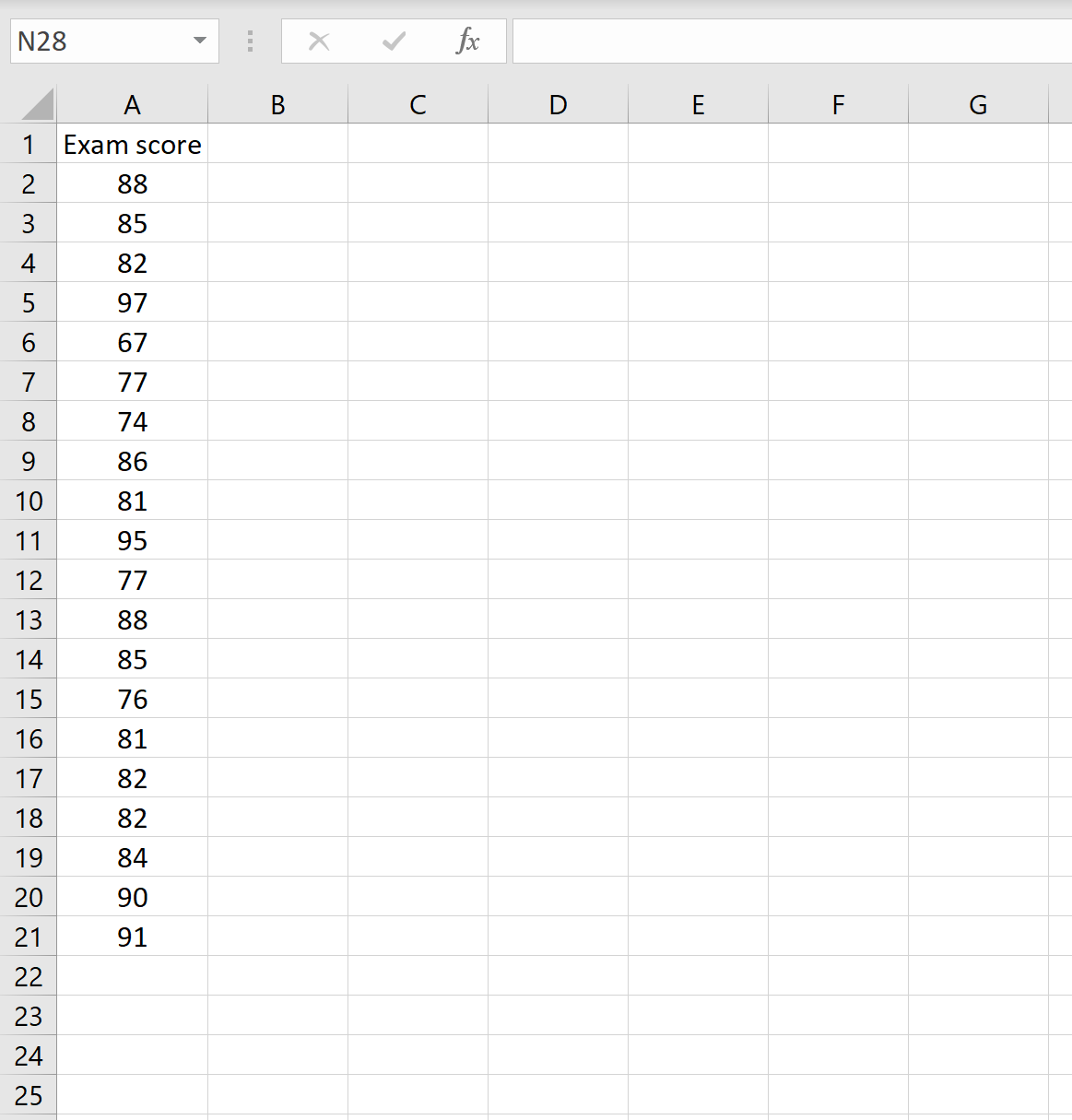 Exemplo de tabela de valores no Excel
