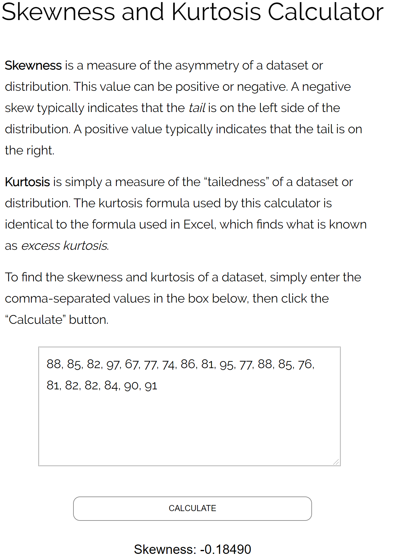 Exemplo de calculadora de assimetria