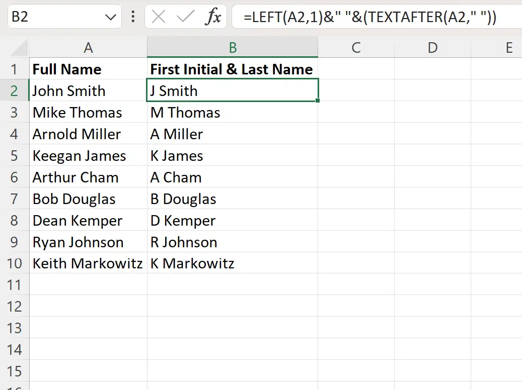 Ekstrak Excel nama depan, inisial dan nama belakang