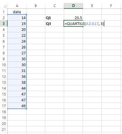 Temukan kuartil ketiga dari kumpulan data di Excel