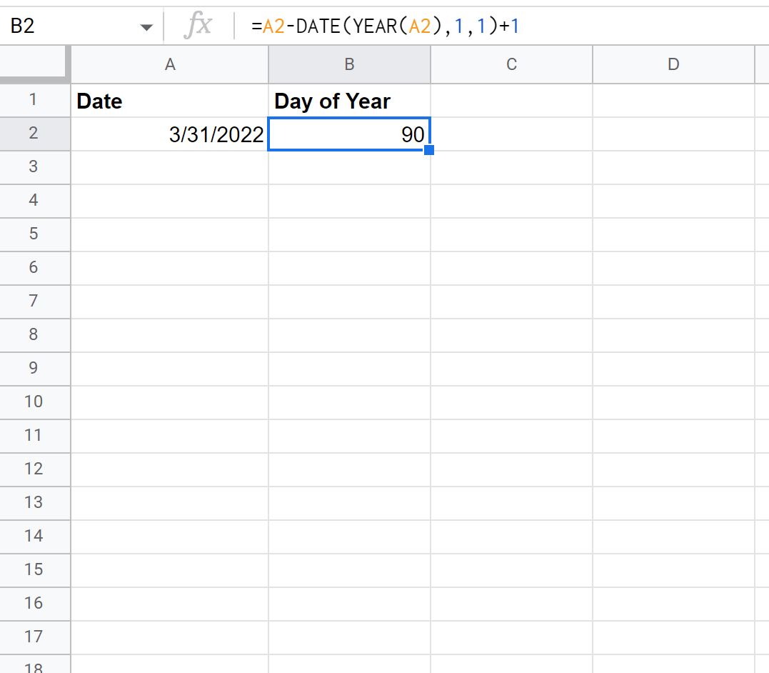 jour de l'année pour la date dans la cellule dans Google Sheets
