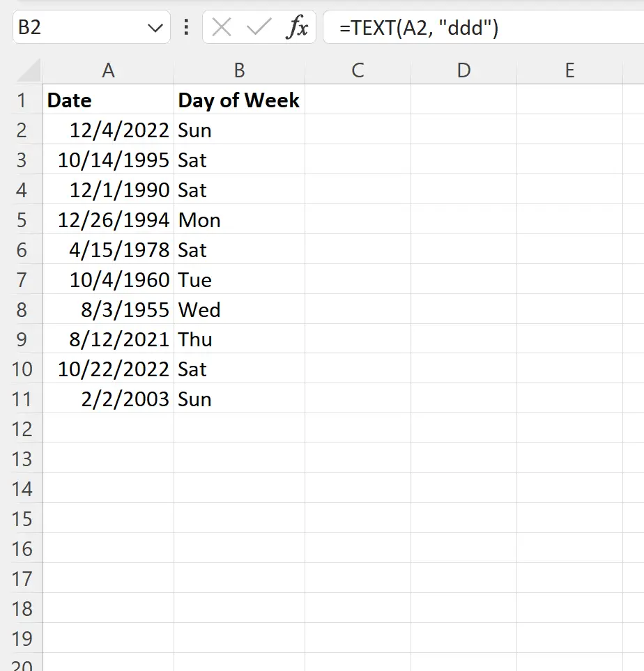Excel convertir la date en jour abrégé de la semaine