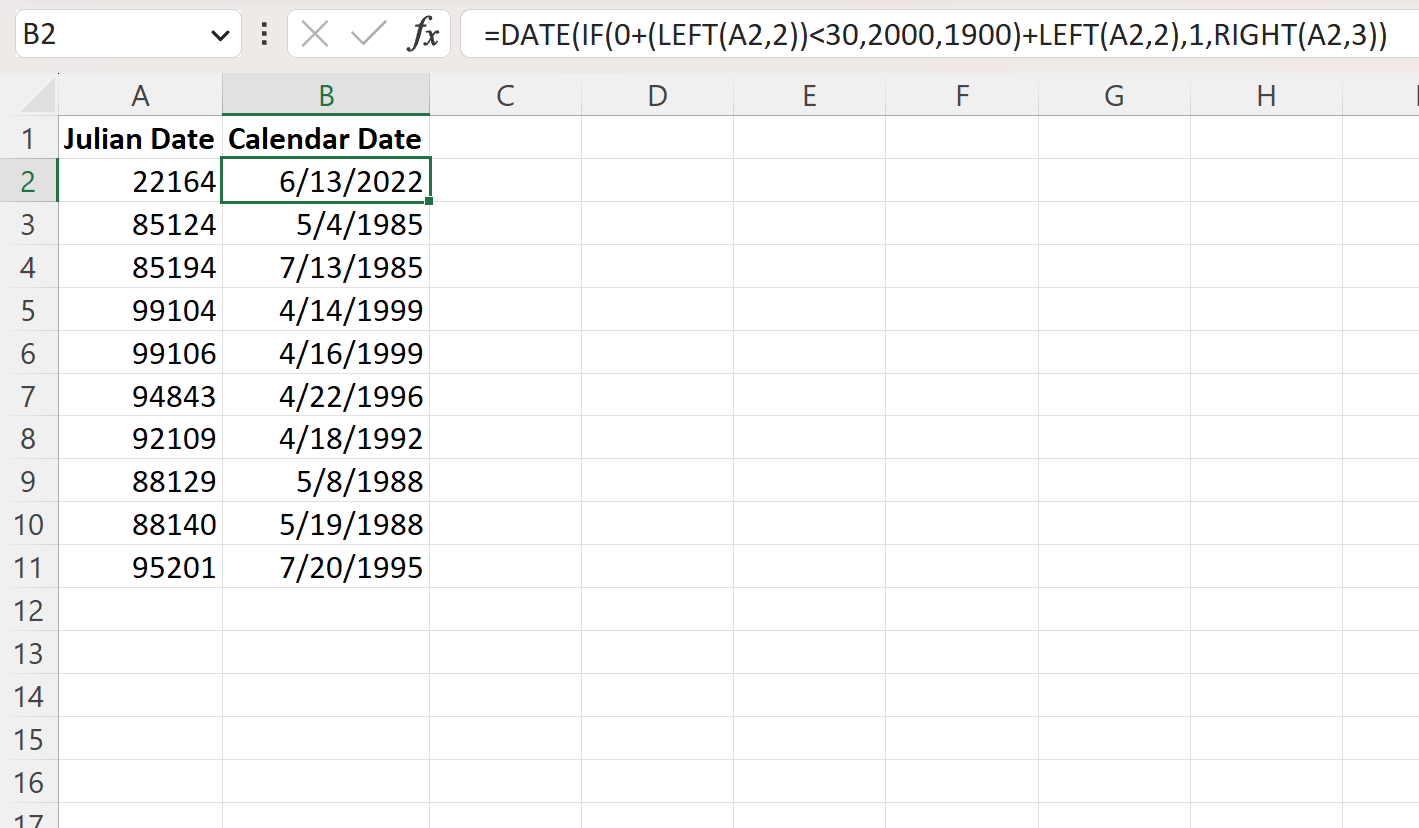 Excel convertir la date julienne en date du calendrier