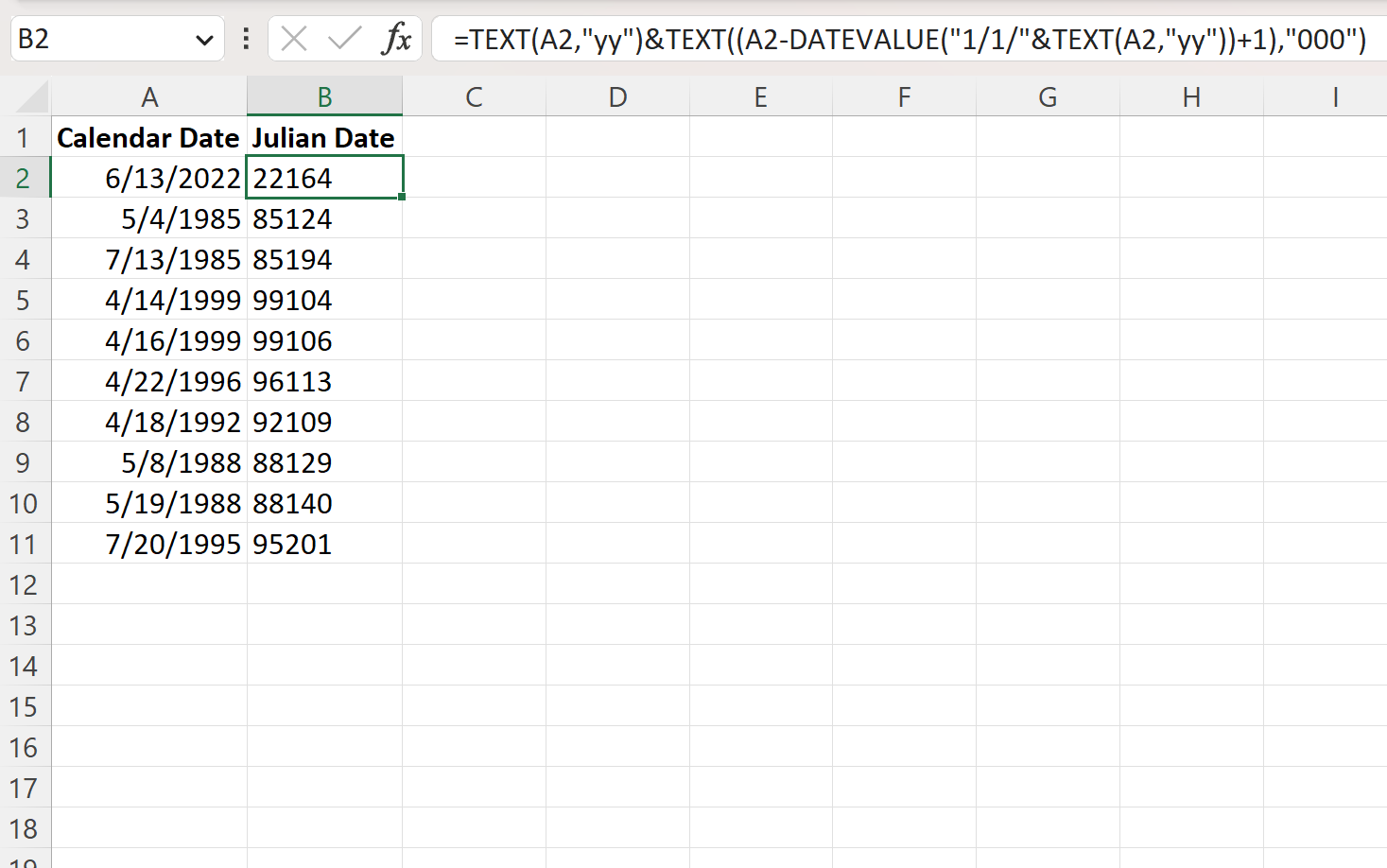 Excel converte la data del calendario in data giuliana