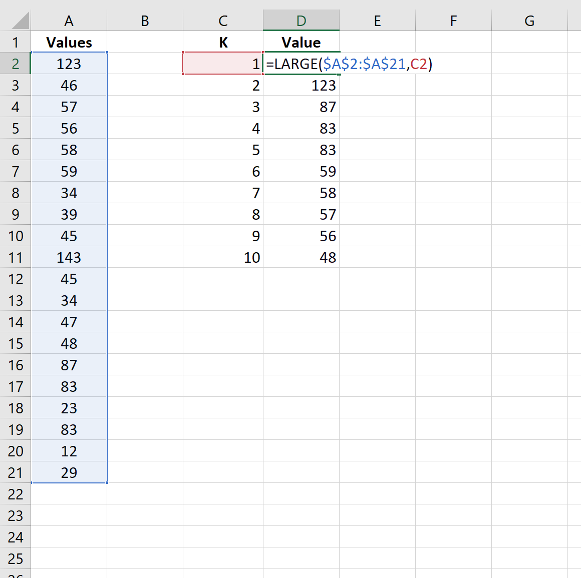 Trouver les 10 plus grandes valeurs dans la liste dans Excel