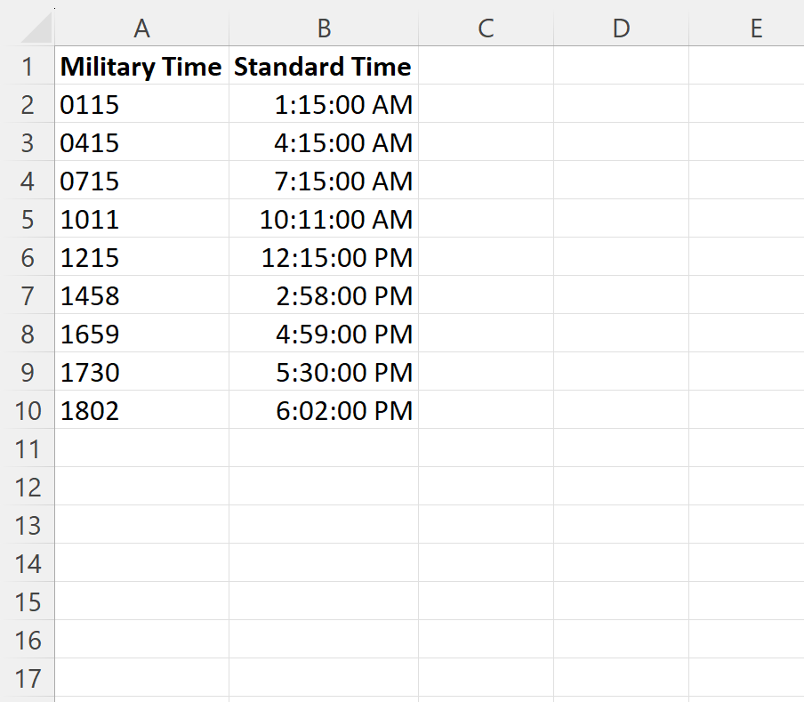 Excel convertit l'heure militaire en heure standard
