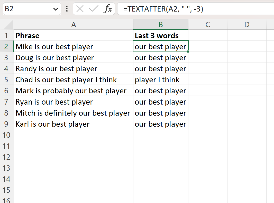 Excel mengekstrak 3 kata terakhir