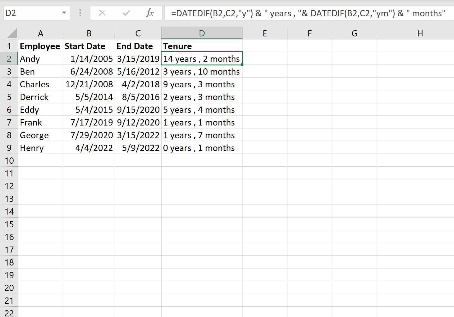Excel で在職期間を計算する