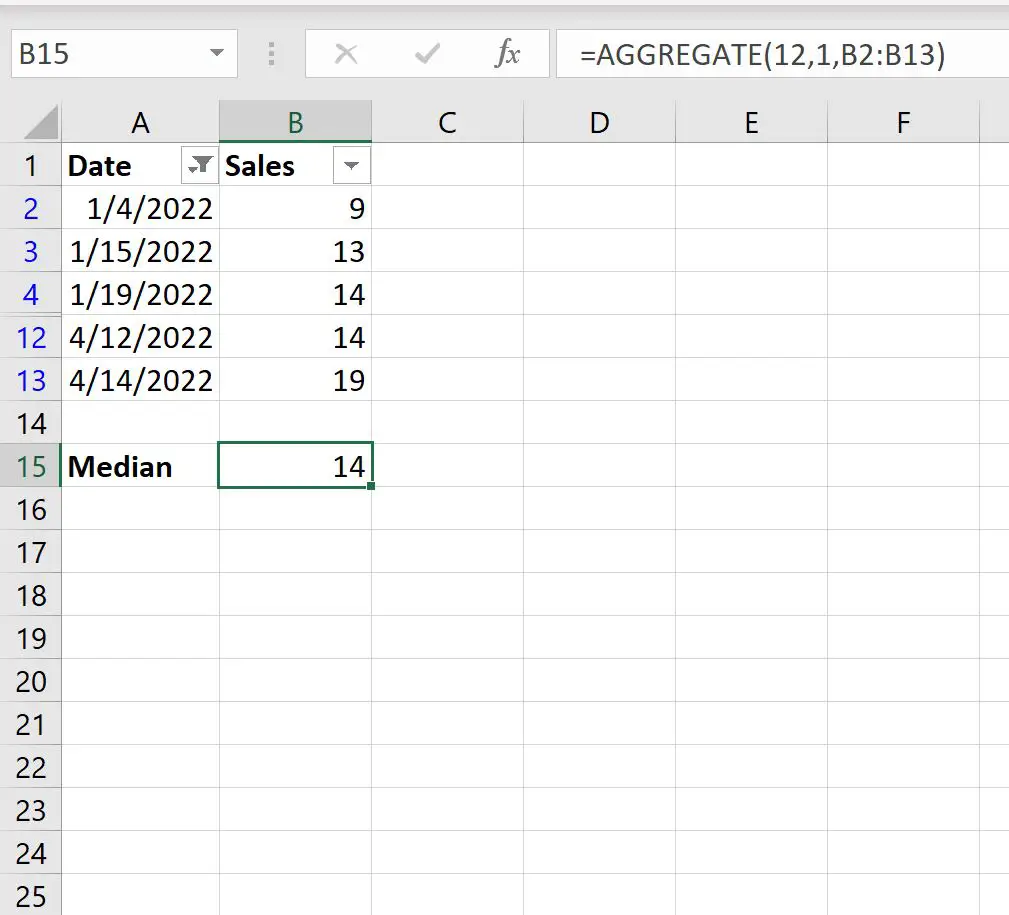 Median Excel dari baris yang difilter
