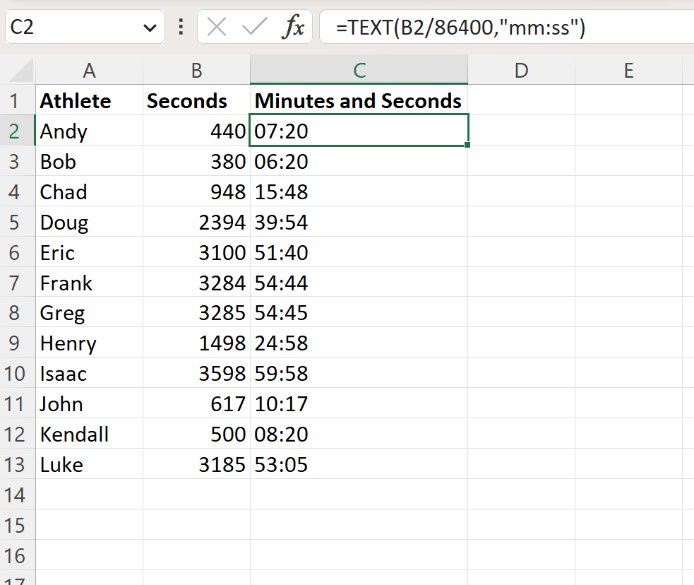 Excel mengubah detik menjadi menit dan detik