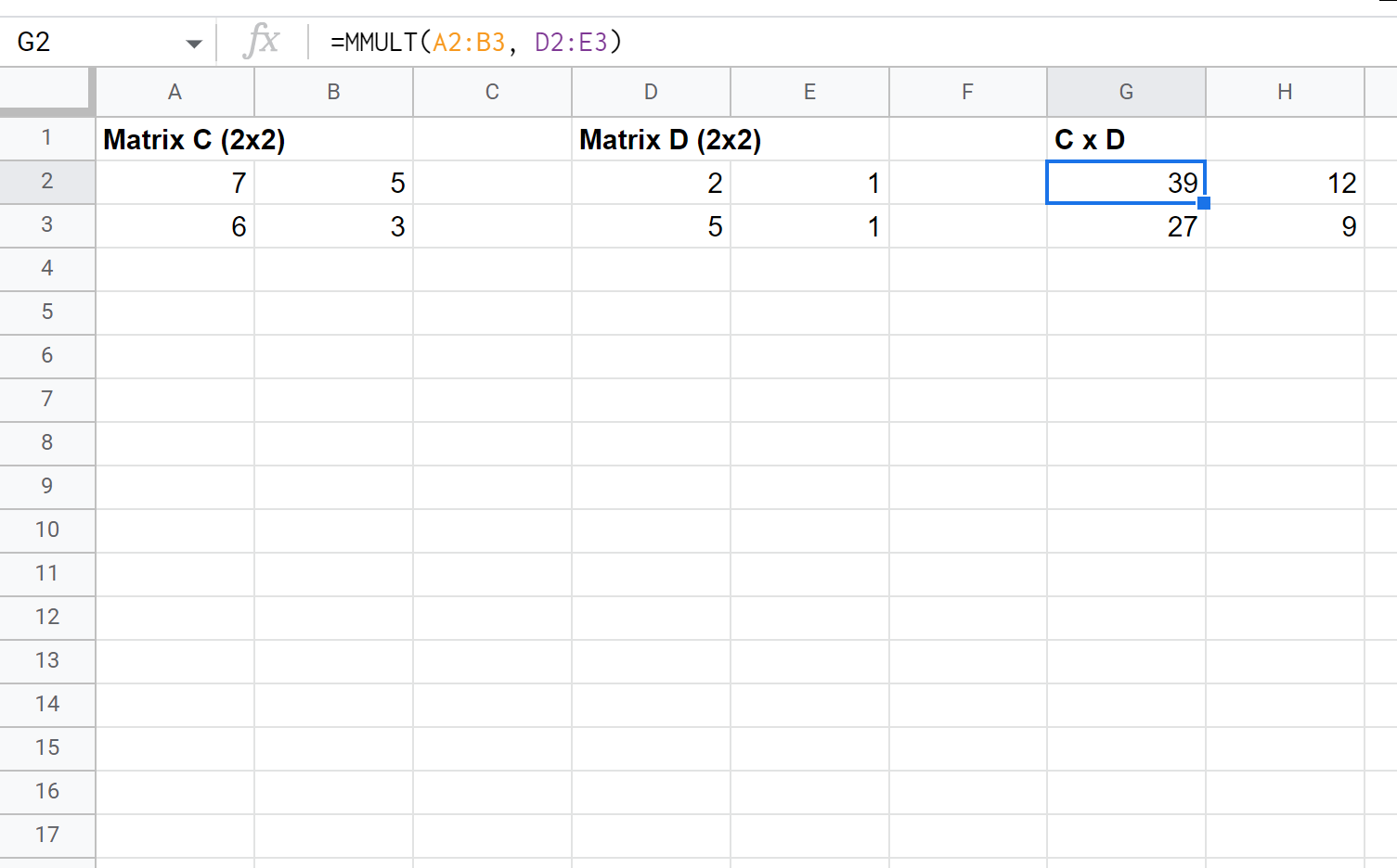 Multiplication matricielle 2x2 par 2x2 dans Google Sheets
