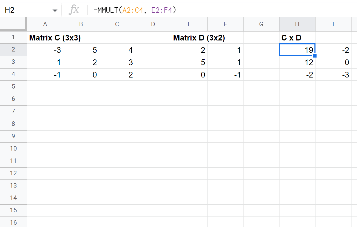 Moltiplicazione di matrici 3x3 per 3x2 in Fogli Google