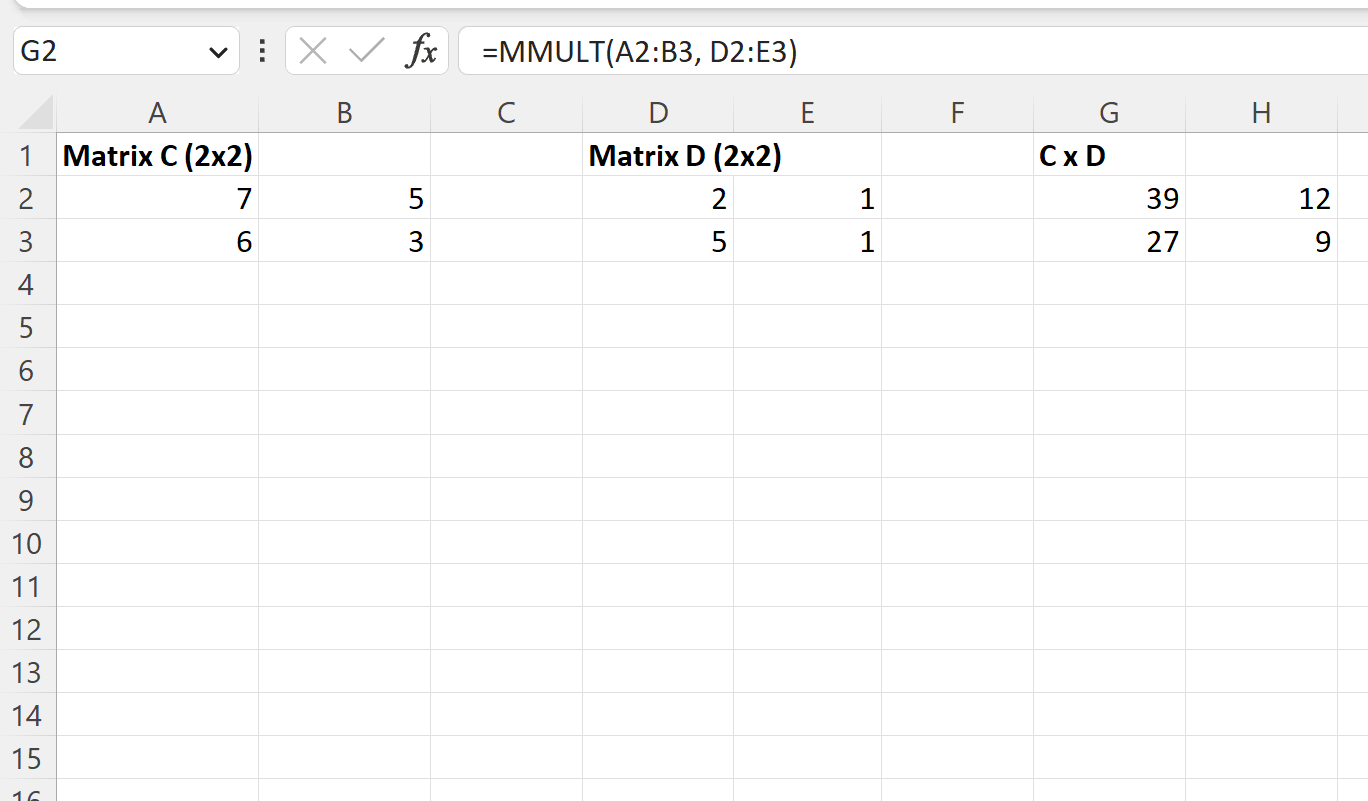 Excel での 2x2 x 2x2 行列の乗算