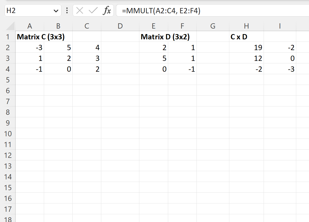 Excel での 3x3 x 3x2 行列の乗算