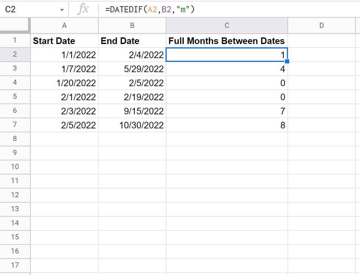 Berechnen Sie Monate zwischen zwei Daten in Google Sheets