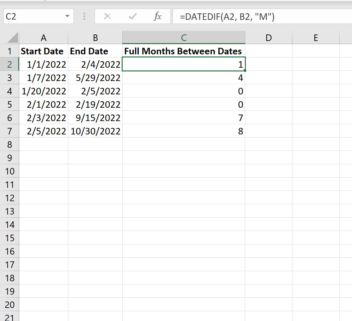 Excel calcule les mois complets entre les dates