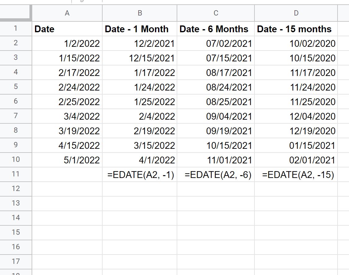 soustraire les mois de la date dans Google Sheets