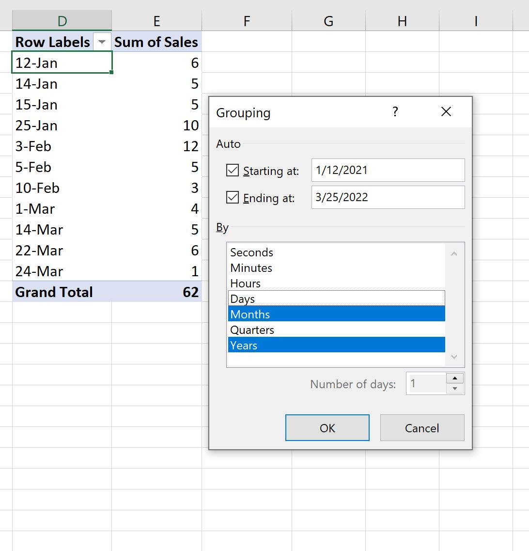 Excel 在数据透视表中按月和年分组