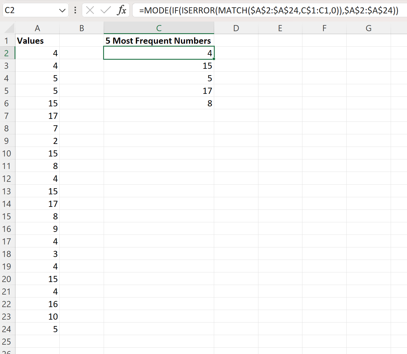 Excel は最も頻度の高い 5 つの数値を見つけます