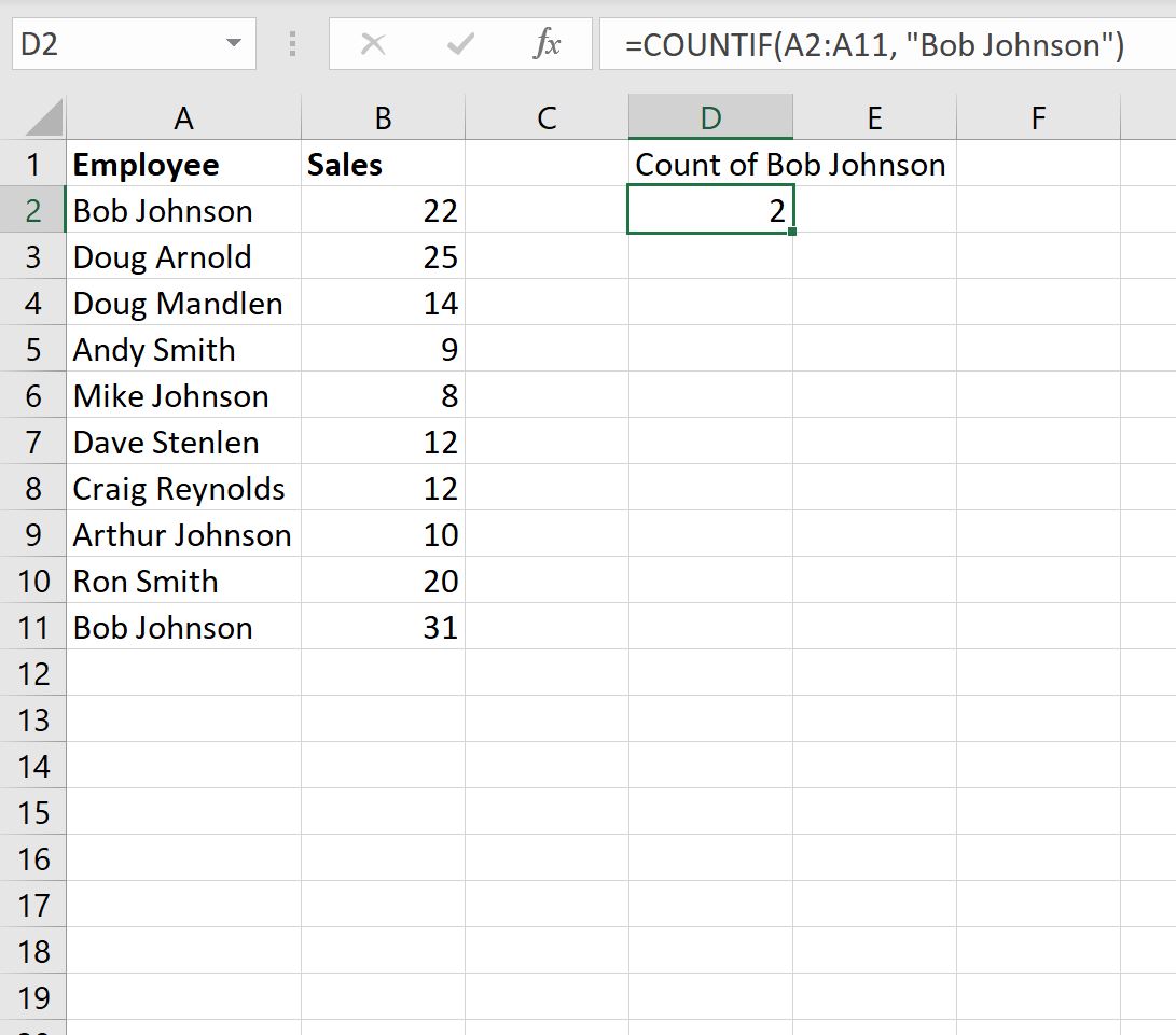 contare i nomi in Excel