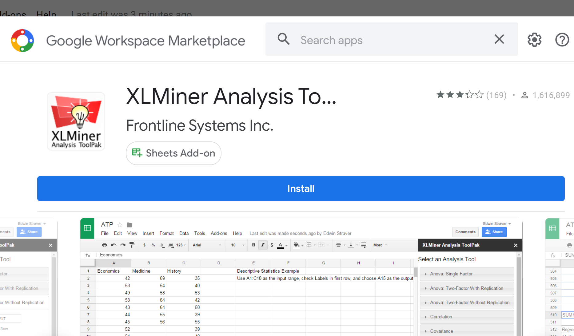 XLMiner Analysis Toolpak dans Google Sheets