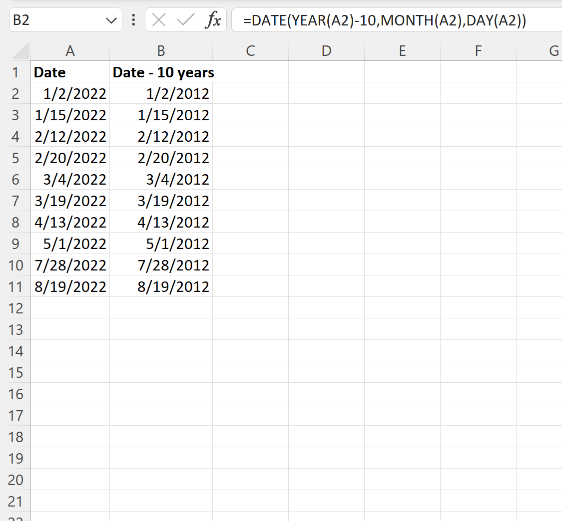 Excelは日付から年を減算します