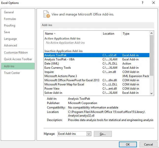 Chargement du ToolPak d'analyse dans Excel