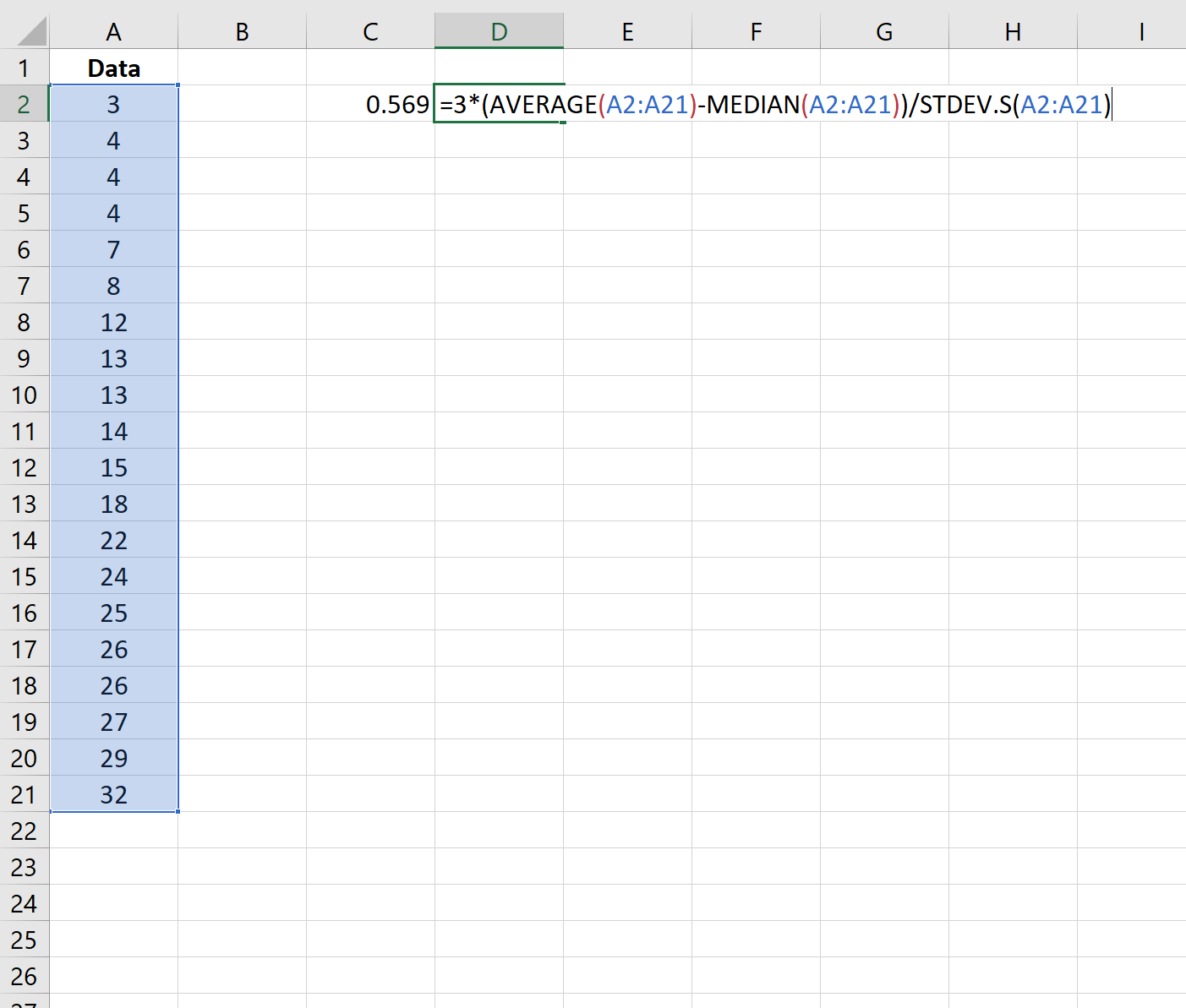 Koefisien Skewness Pearson di Excel menggunakan Median