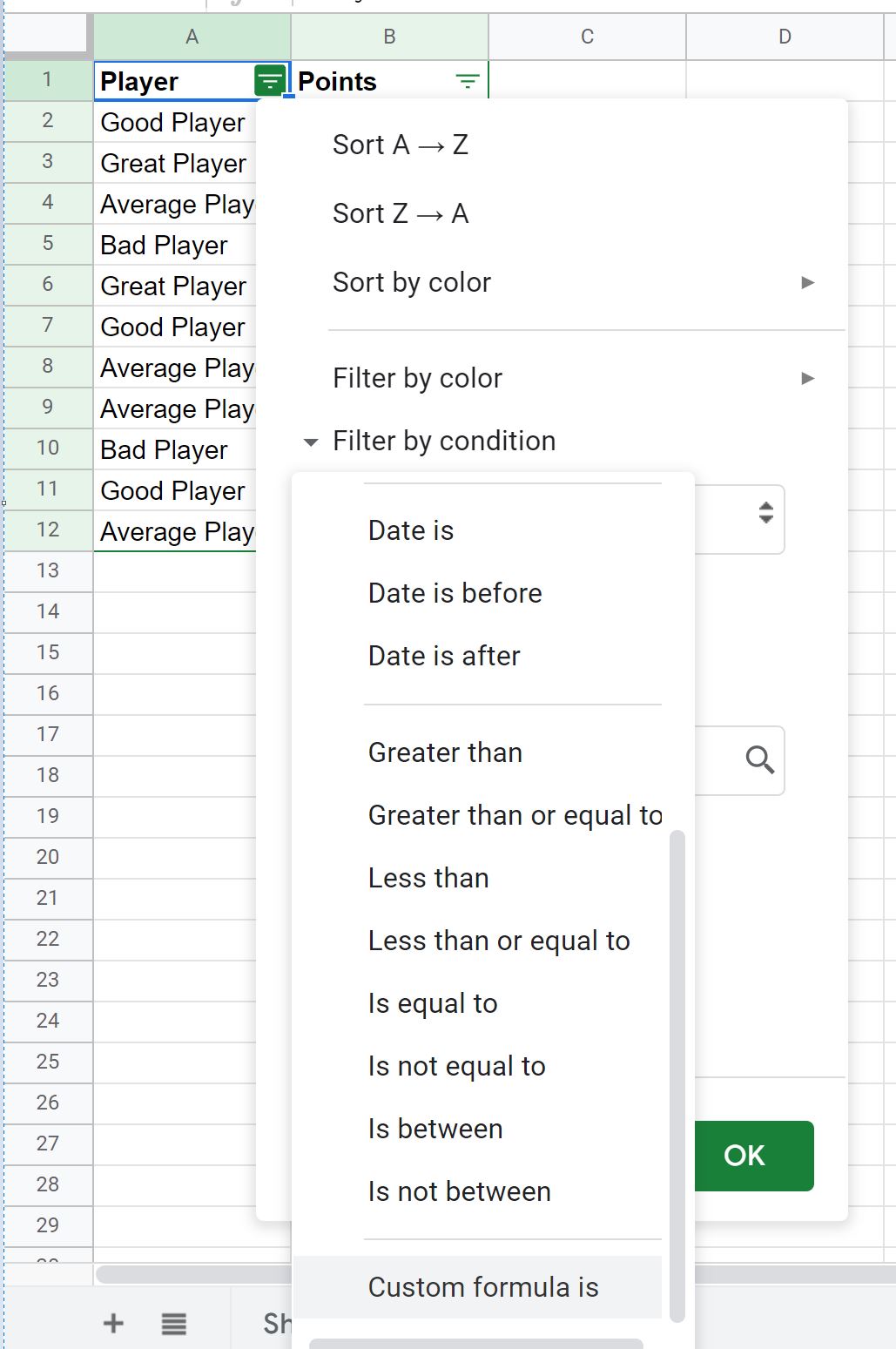 Filtre Google Sheets utilisant une formule personnalisée
