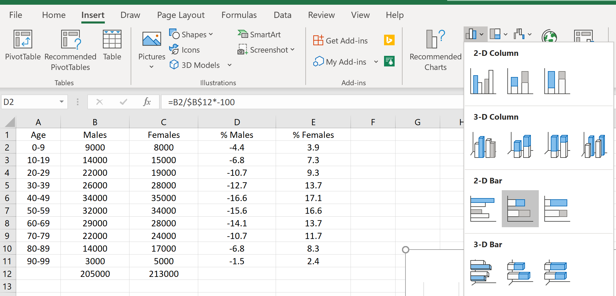Opzione grafico a barre in pila 2D in Excel