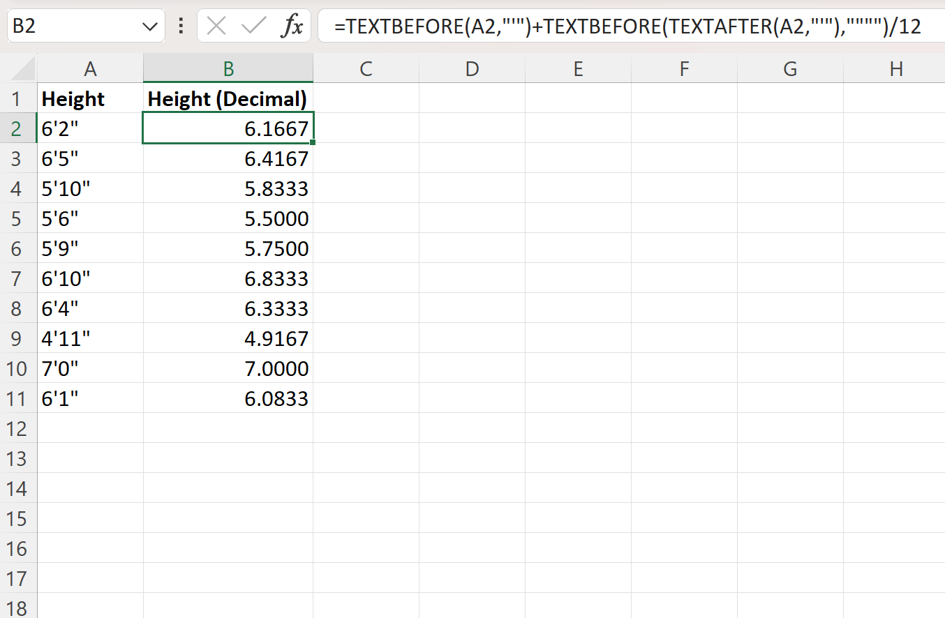 Excel converte pés e polegadas em decimais