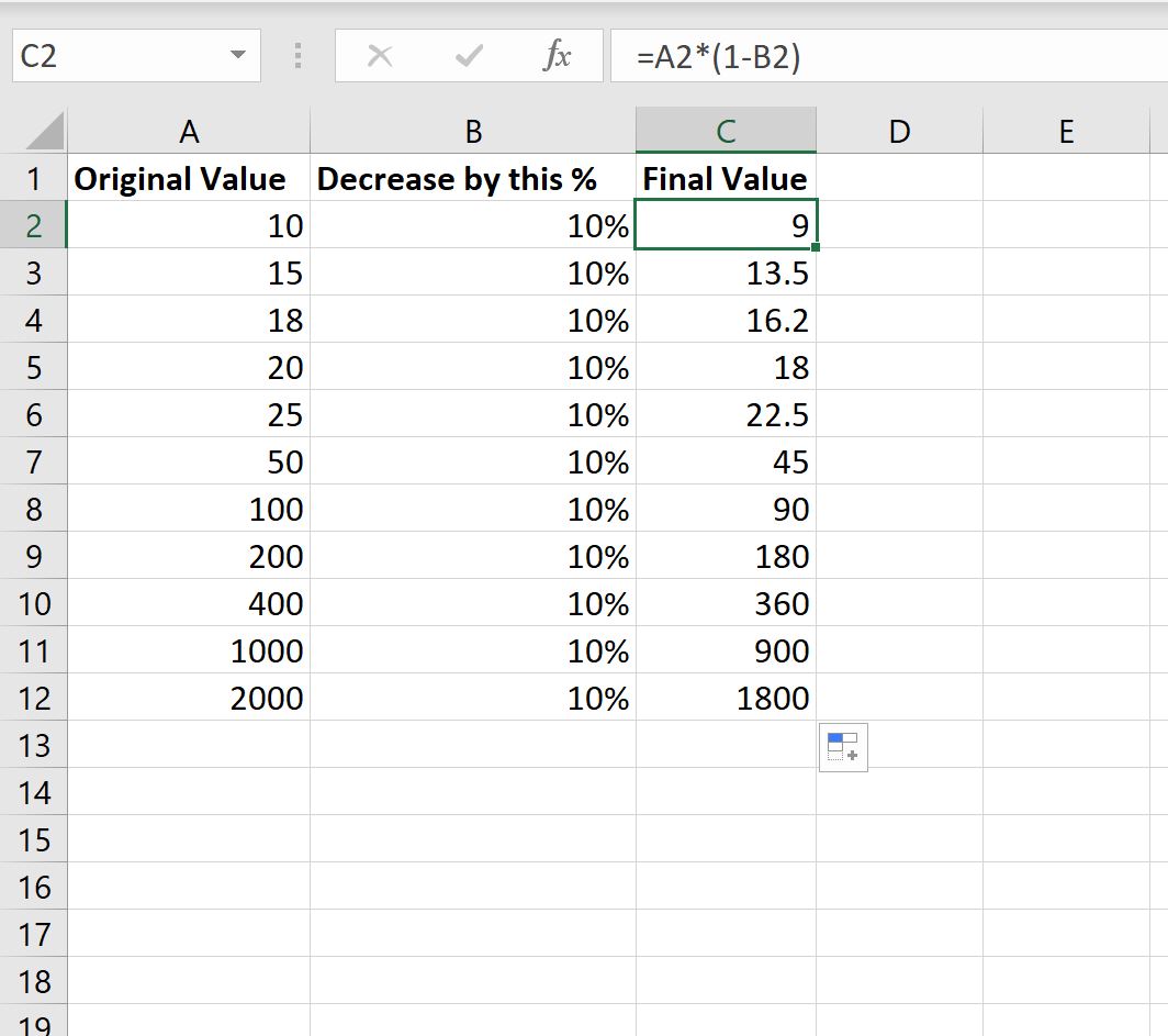 Diminuição percentual do Excel