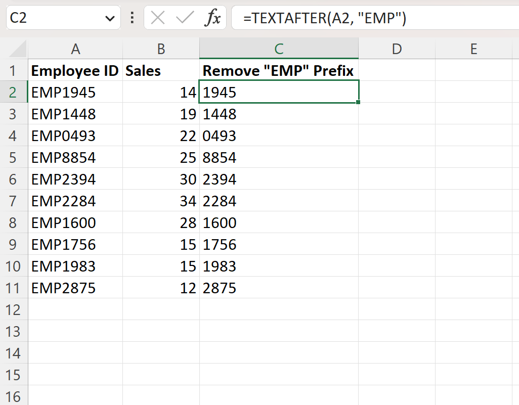 Excel menghapus awalan menggunakan fungsi TEXTAFTER