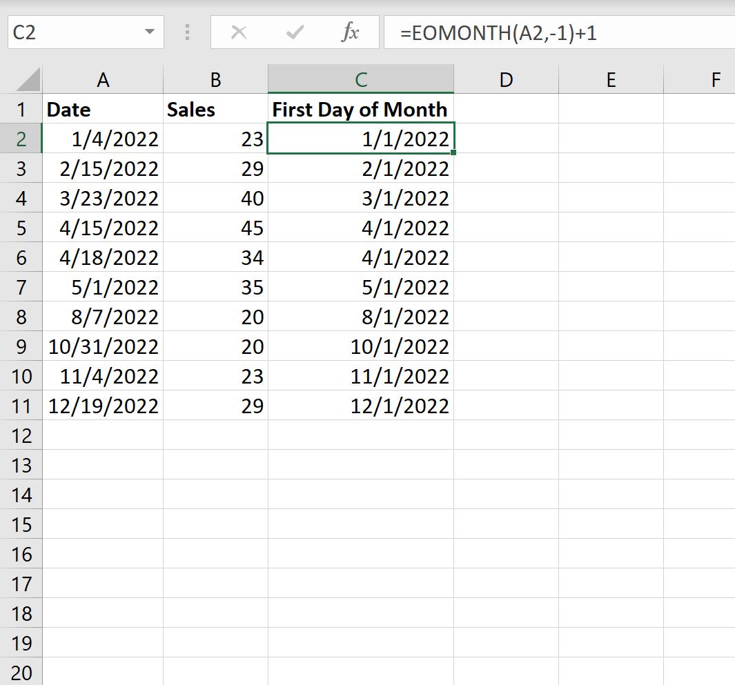 Excel は EOMONTH() 関数を使用して月の最初の日を取得します