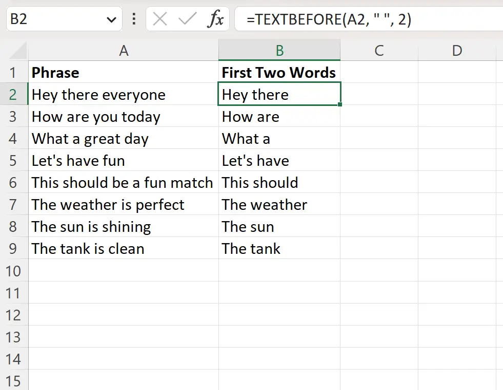 Excel mengekstrak dua kata pertama